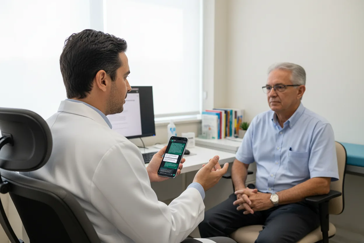 Médico consultando paciente com smartphone